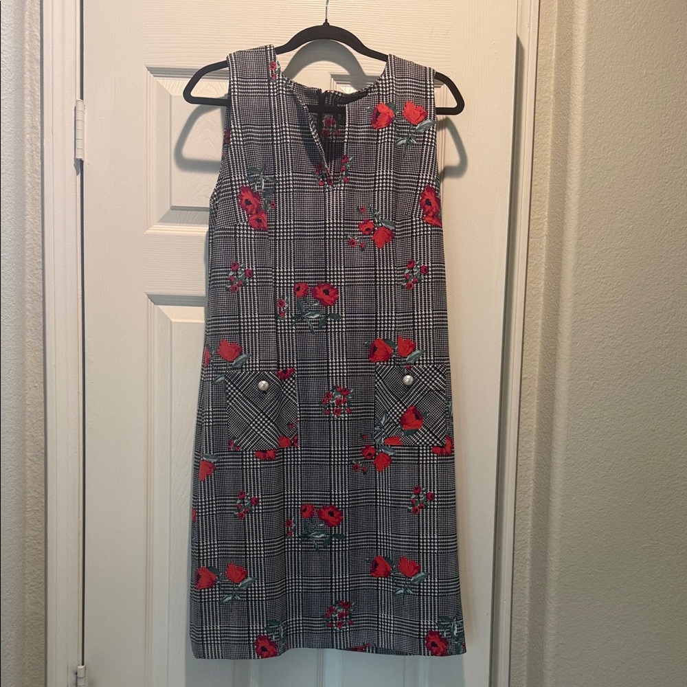 Karl Lagerfeld Black and White Houndstooth Dress with Red Floral Accents